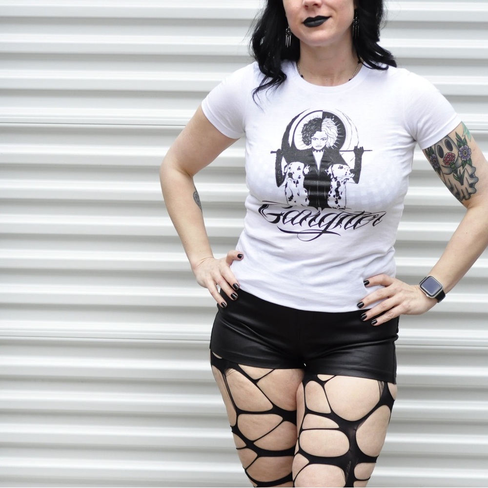 White Graphic Tee featuring Cruella gangsters print